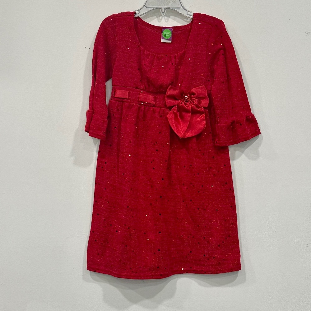 Dollie & Me SWEATER DRESS Holiday Red Sparkle Bow Size 5 Gently Used